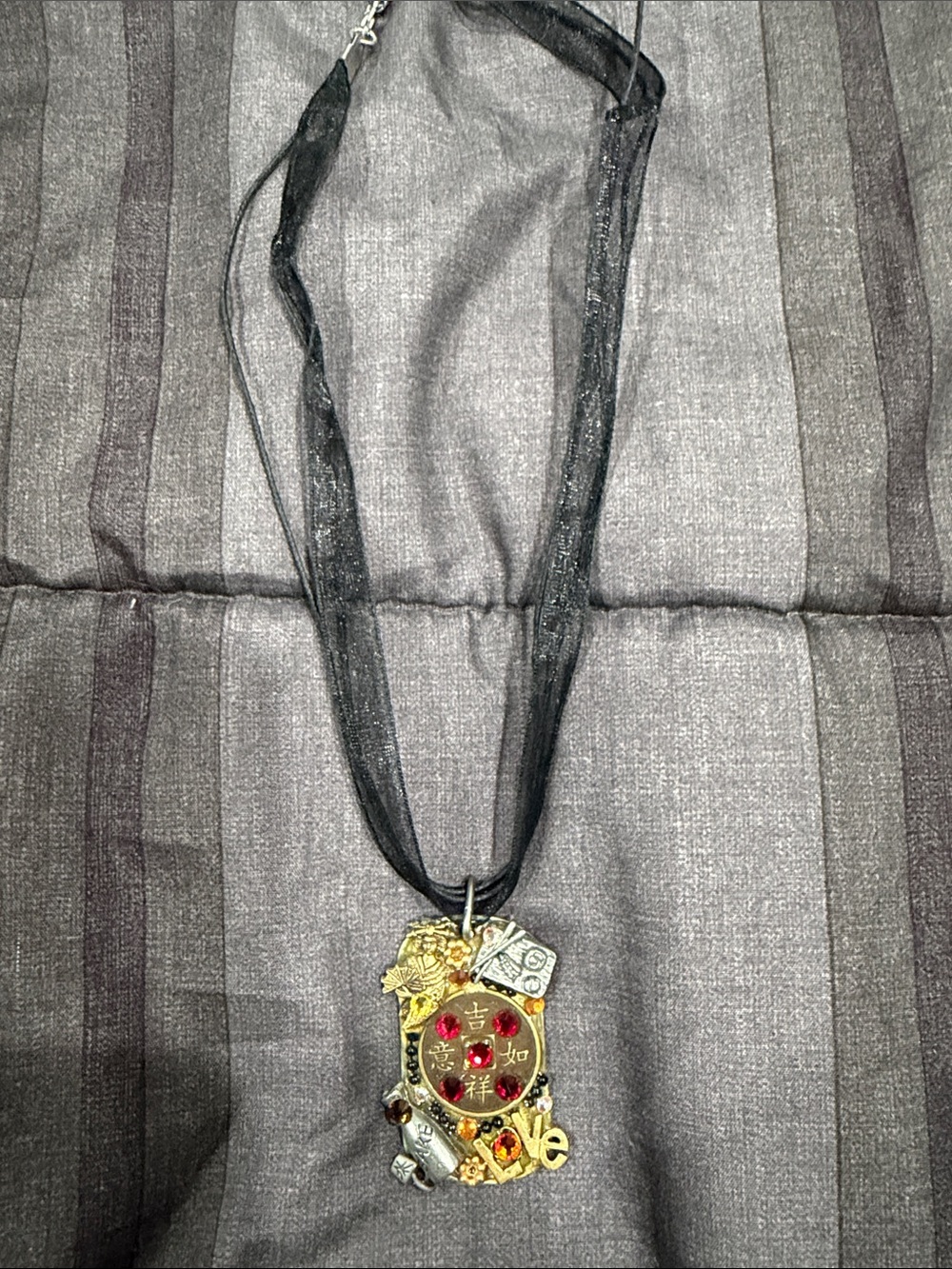 Gold-Tone Red Accent Pendant Necklace with Black Ribbon